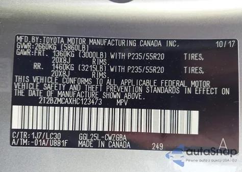 2017 Lexus Rx 350 F Sport из США, поврежденный, VIN 2T2BZMCAXHC123473